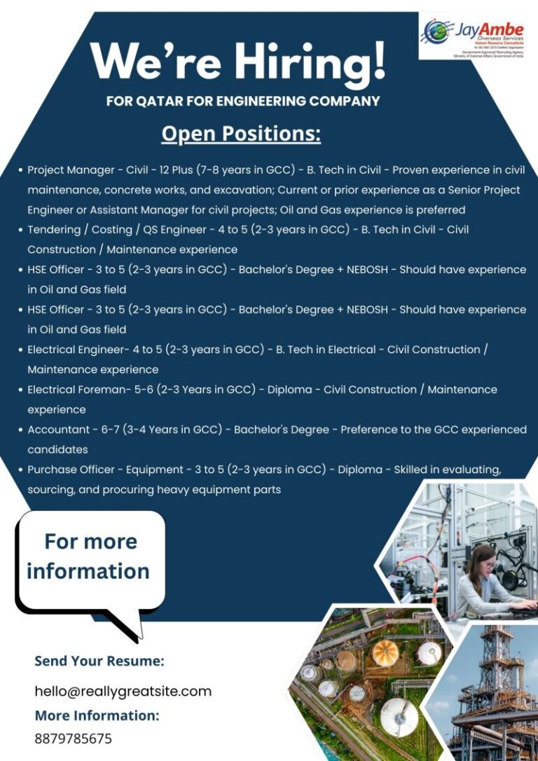 Engineering Jobs in Qatar – Project Manager, Tendering, HSE Officer, Electrical Engineer, Electrical Foreman, Accountant, Purchase Officer