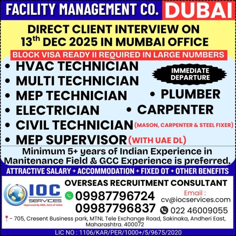 HVAC Technician Jobs in Gulf – MEP Technician, Plumber, Electrician, Carpenter, Civil Technician, MEP Supervisor