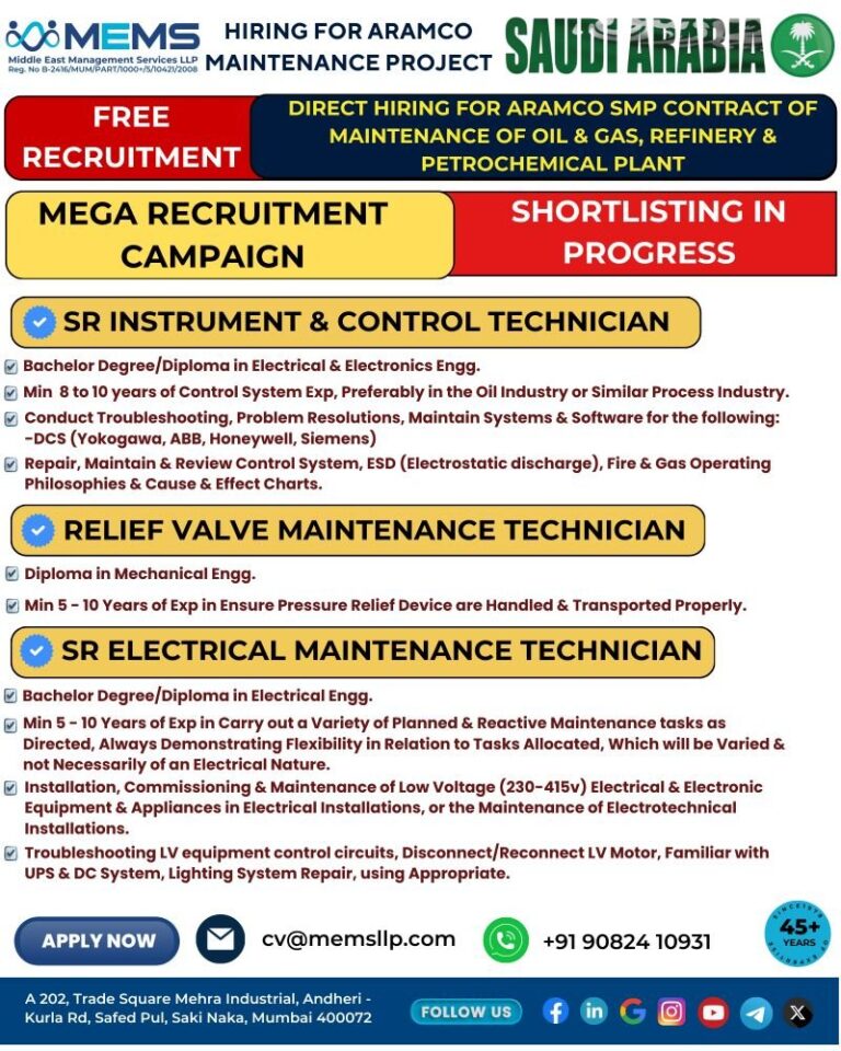 Instrument and Control Technician Jobs in Saudi Arabia – Aramco Maintenance Project