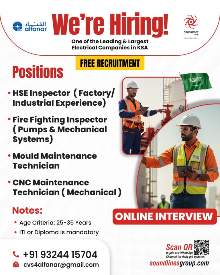 HSE and Maintenance Jobs in Saudi Arabia – HSE Inspector, Fire Fighting Inspector, Mould Maintenance Technician, CNC Maintenance Technician