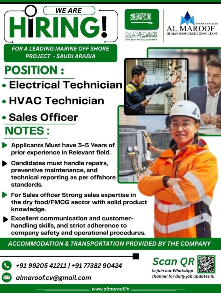 Electrical Technician Jobs in Saudi Arabia – Electrical Technician, HVAC Technician, Sales Officer