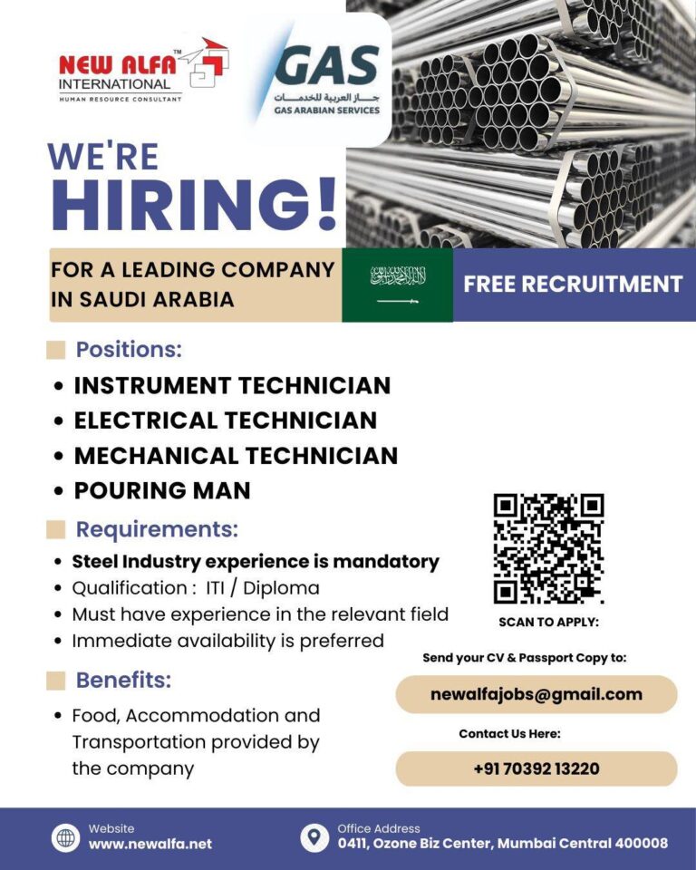 Instrument Technician Jobs in Saudi Arabia – Instrument Technician, Electrical Technician, Mechanical Technician, Pouring Man