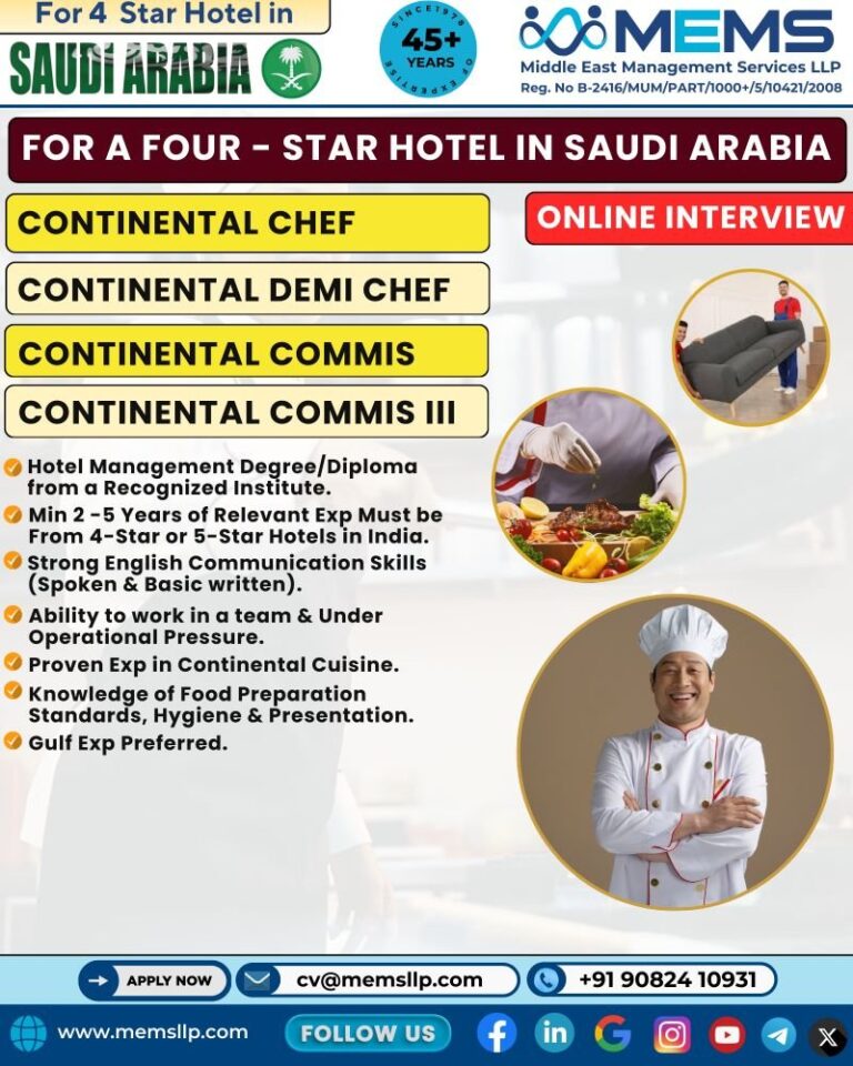 Continental Chef Jobs in Saudi Arabia – Hotel Staff