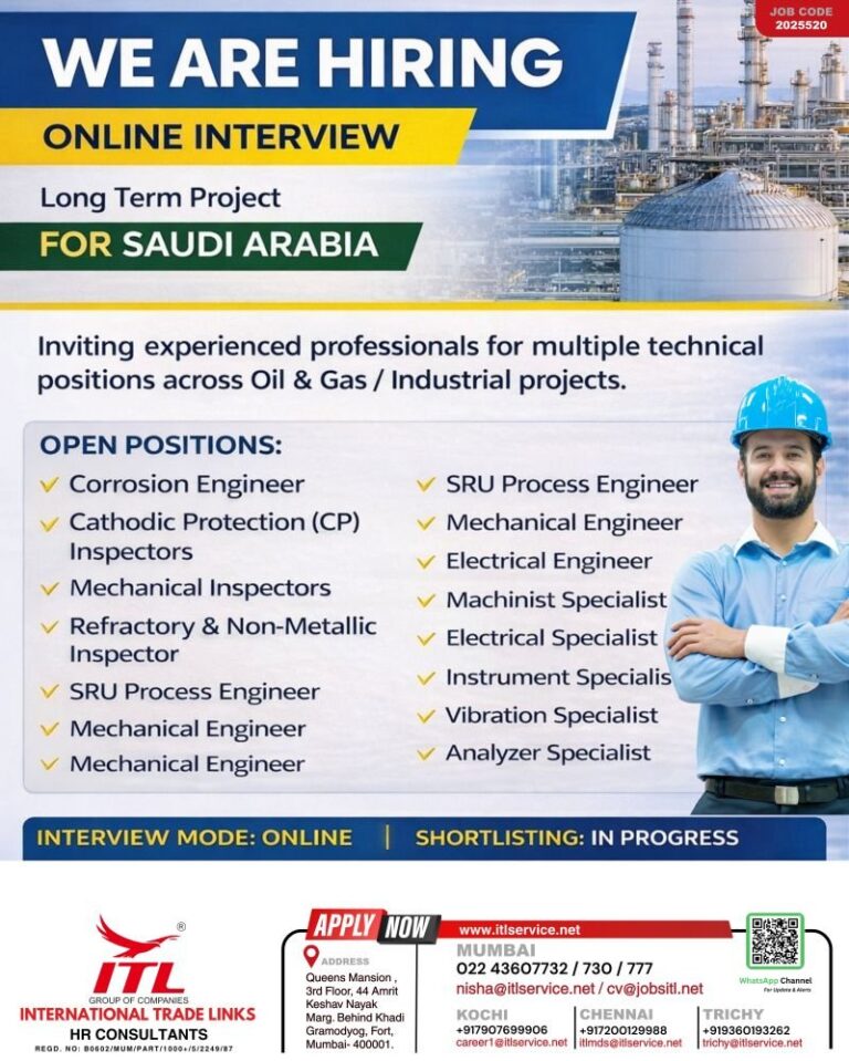Oil and Gas Jobs in Saudi Arabia – Corrosion Engineer, Cathodic Protection Inspectors, Mechanical Inspectors