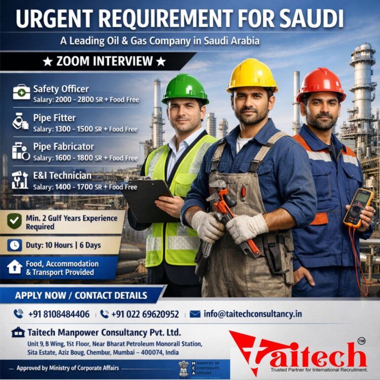 Oil and Gas Jobs in Saudi Arabia – Safety Officer, Pipe Fitter, Pipe Fabricator, E&I Technician