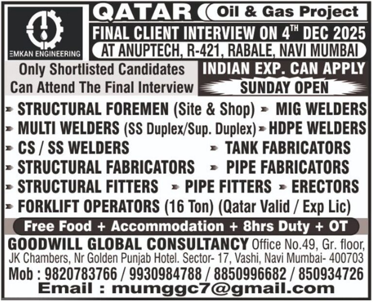 Oil and Gas Jobs in Qatar – Structural Foremen, Welders, and Fabricators
