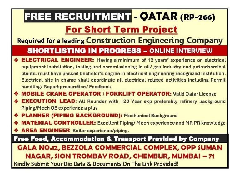 Engineering and Construction Jobs in Qatar – Electrical Engineer, Mobile Crane Operator, and More