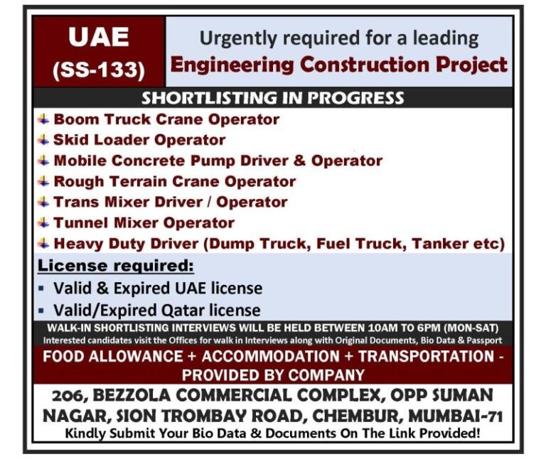 Construction Jobs in UAE – Boom Truck Crane Operator, Skid Loader Operator, and More