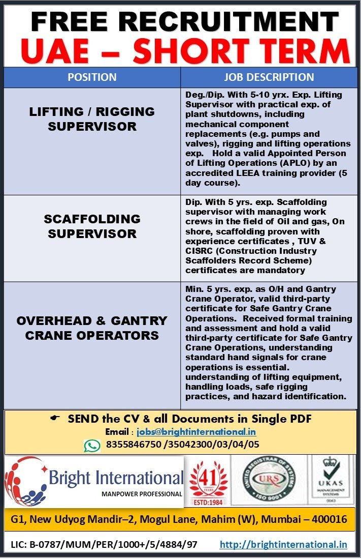 Lifting Supervisor Jobs in UAE – Short Term