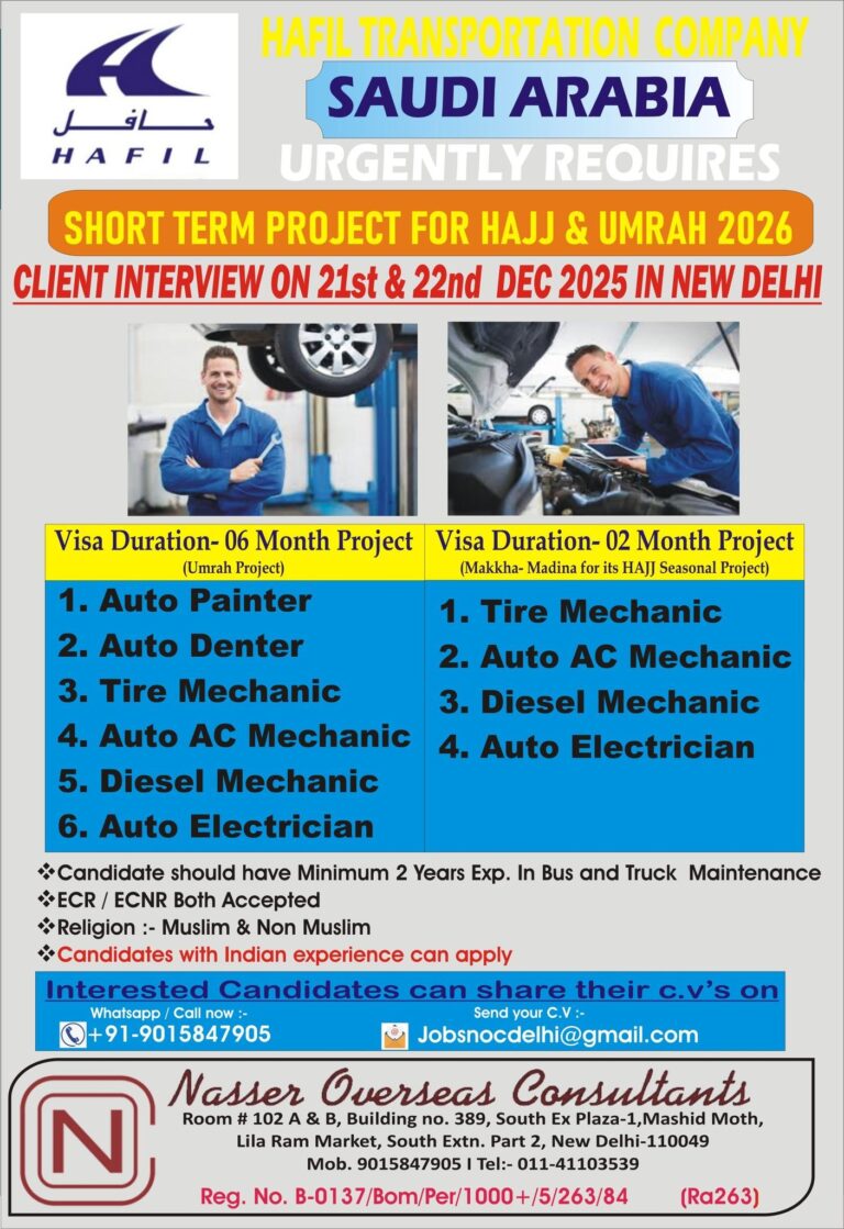 Transportation Jobs in Saudi Arabia – Tire Mechanic, Auto Denter, Auto AC Mechanic, Diesel Mechanic, Auto Electrician, Auto Painter