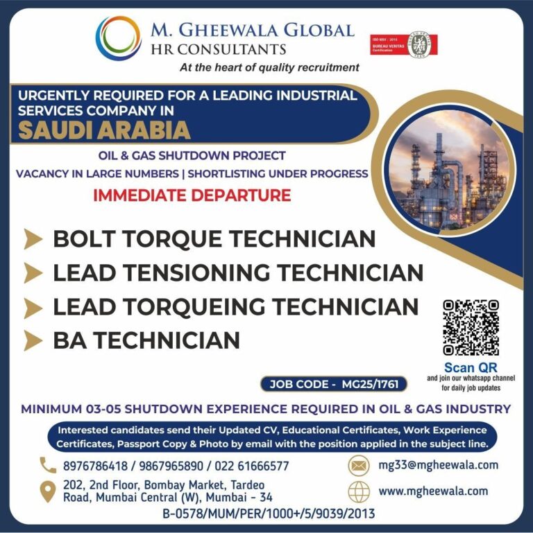 Oil and Gas Jobs in Saudi Arabia – Bolt Torque Technician, Lead Tensioning Technician, Lead Torquing Technician, and BA Technician