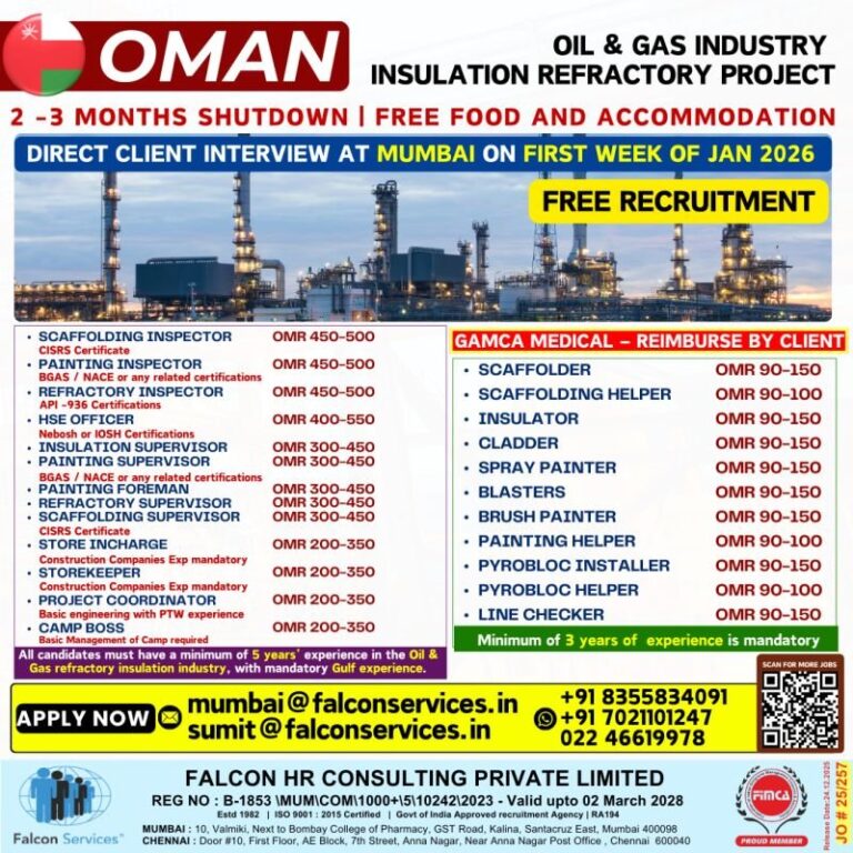 Scaffolding and Insulation Jobs in Gulf – Scaffolder, Insulator, and Refractory Inspector