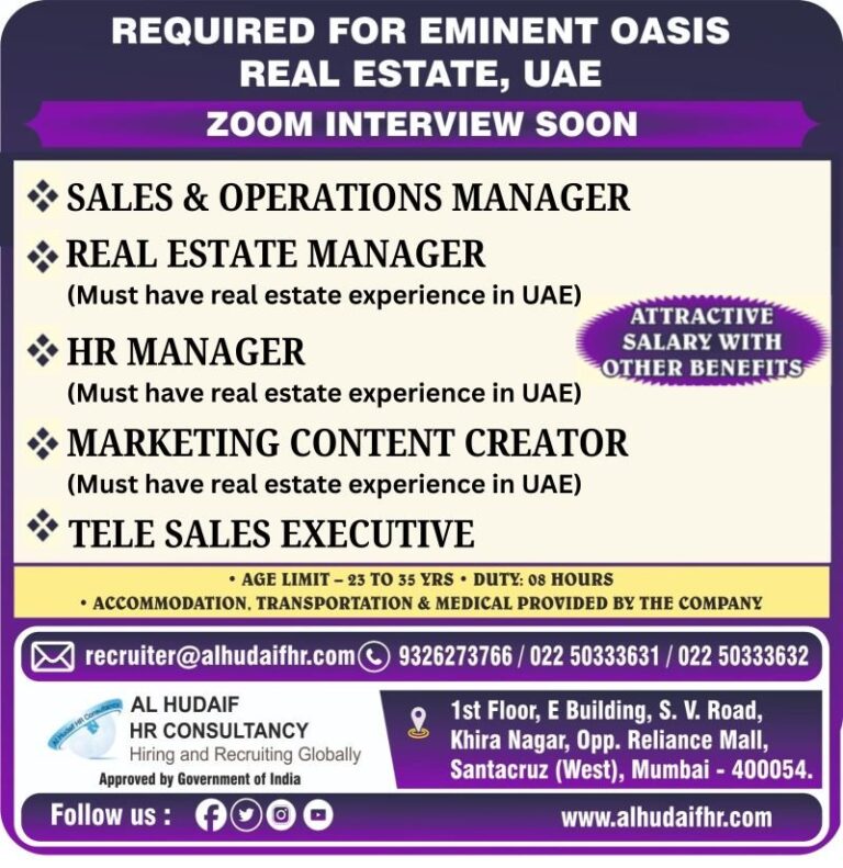 Sales and Operations Jobs in UAE – Real Estate Manager, HR Manager, Marketing Content Creator, Tele Sales Executive