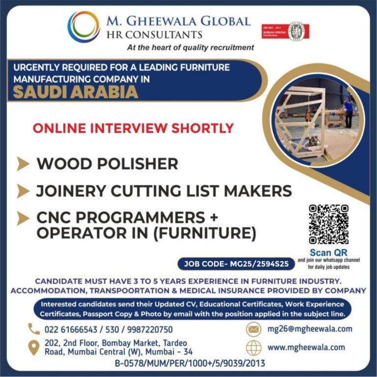 Furniture Industry Jobs in Saudi Arabia – Wood Polisher, Joinery Cutting List Makers, CNC Programmers & Operator