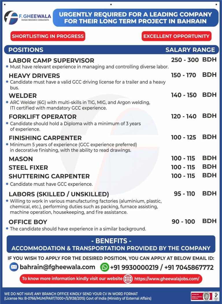 Labor Jobs in Bahrain – Labor Camp Supervisor, Heavy Drivers, Welder