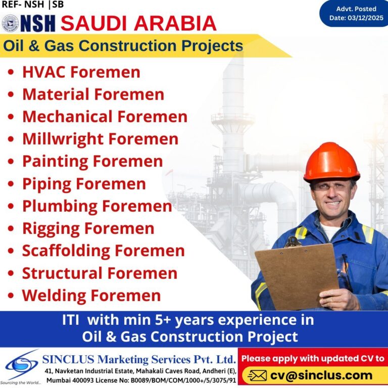 Construction Foremen Jobs in Saudi Arabia – HVAC, Mechanical, Millwright, Painting, Piping, Plumbing, Rigging, Scaffolding, Structural, Welding