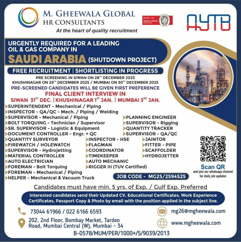 Oil and Gas Jobs in Saudi Arabia – Superintendent, Inspector, Supervisor