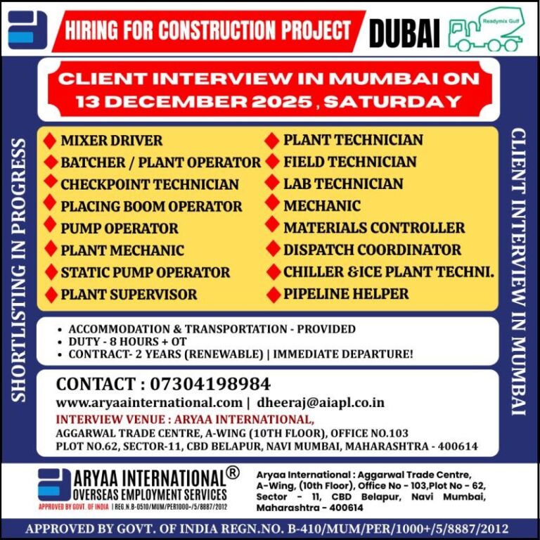Mixer Driver and Plant Technician Jobs in Dubai – Various Positions