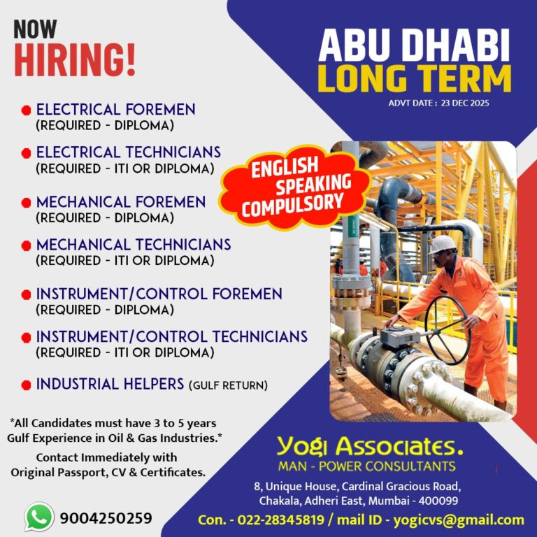 Electrical, Mechanical, and Instrument/Control Jobs in Abu Dhabi – Foremen and Technicians