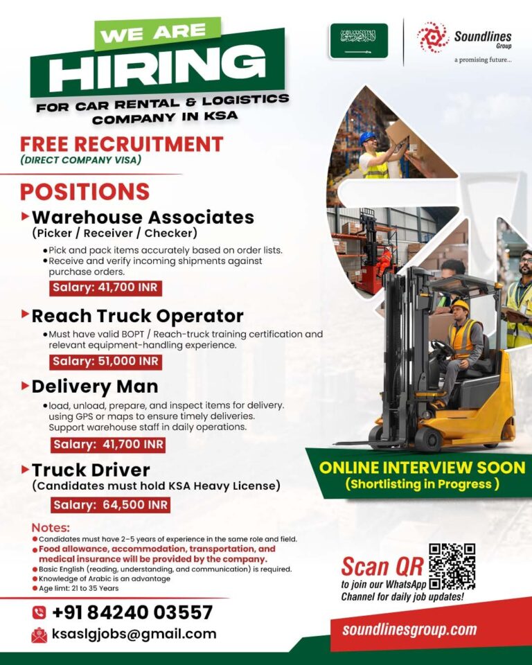 Warehouse and Logistics Jobs in KSA – Truck Driver, Warehouse Associates, Reach Truck Operator