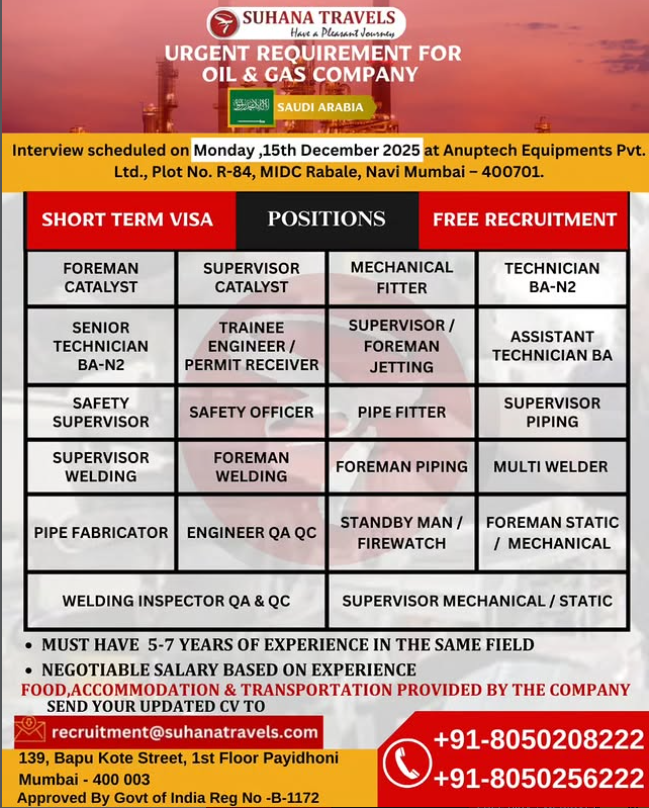 Mechanical Jobs in Gulf – Foreman, Supervisor, Technician