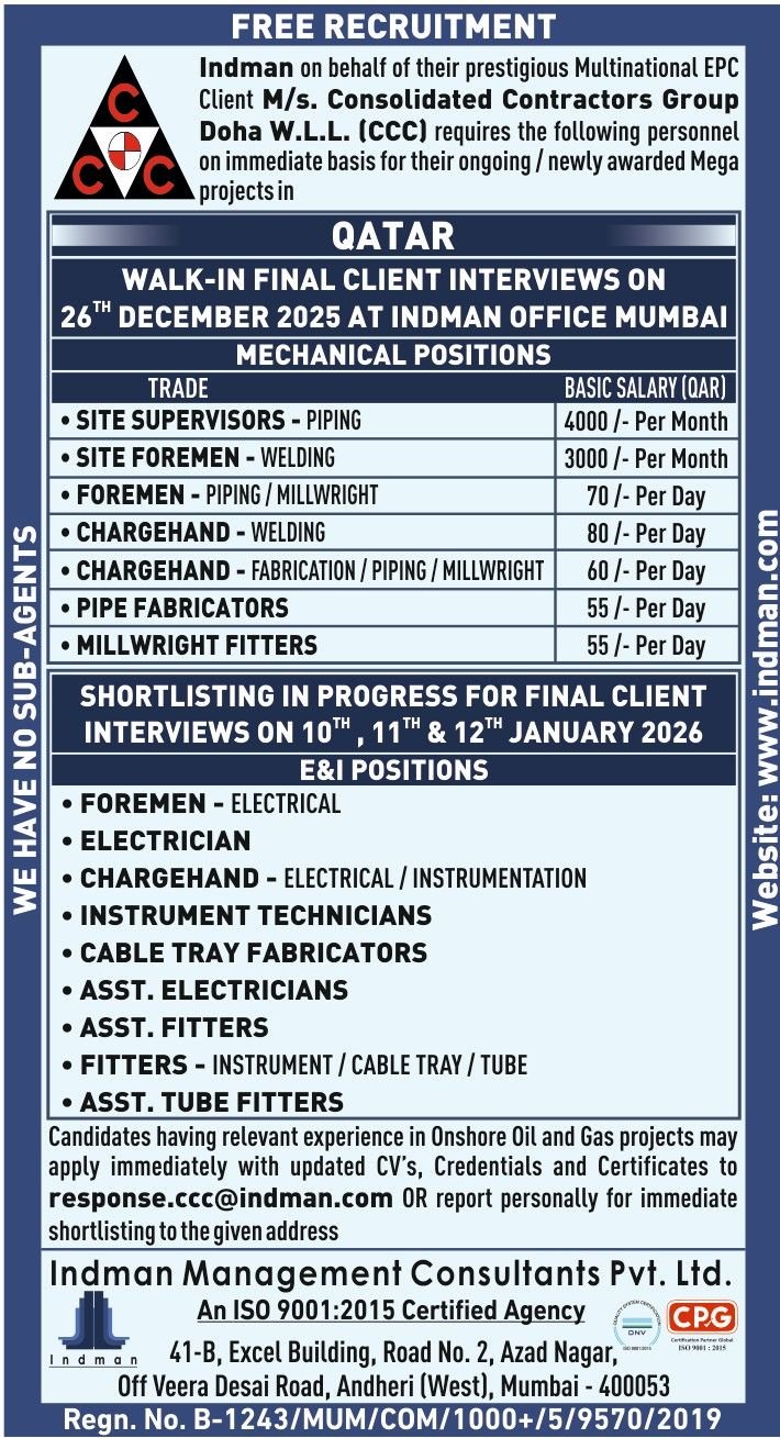 Mechanical and Electrical Jobs in Qatar – Site Supervisors, Foremen, Chargehands, and Technicians