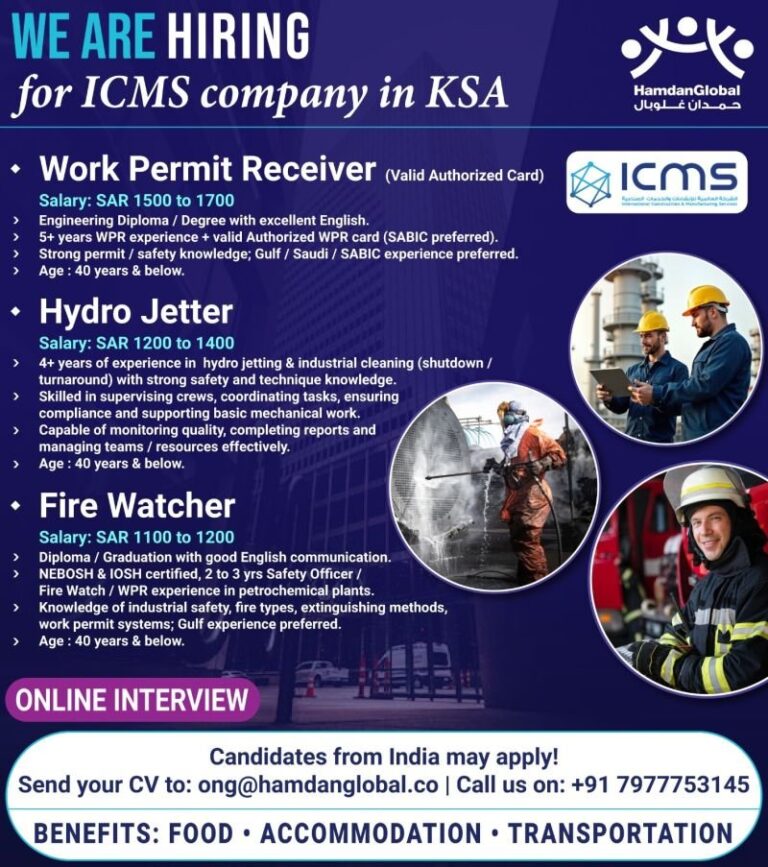Work Permit Receiver, Hydro Jetter, and Fire Watcher Jobs in KSA – Multiple Positions