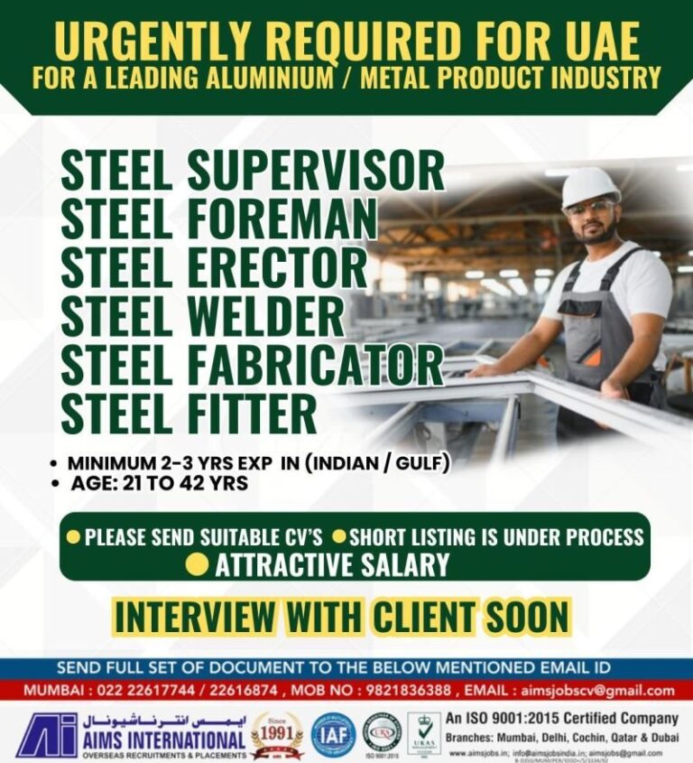 Steel Jobs in UAE – Steel Supervisor, Steel Foreman, Steel Fabricator, Steel Fitter