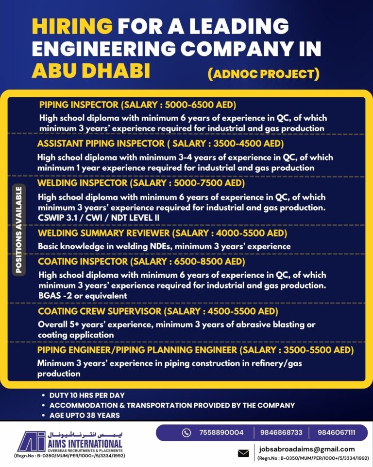 Quality Control Jobs in Gulf – QC Inspector, Piping Construction