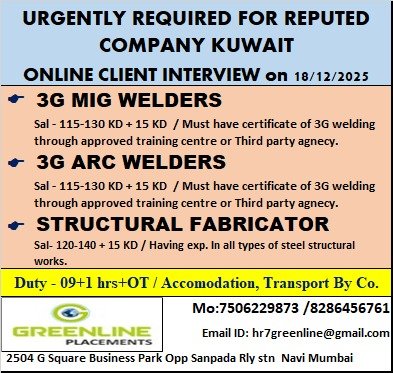 Welding and Fabrication Jobs in Kuwait – 3G MIG Welders, 3G ARC Welders, Structural Fabricator