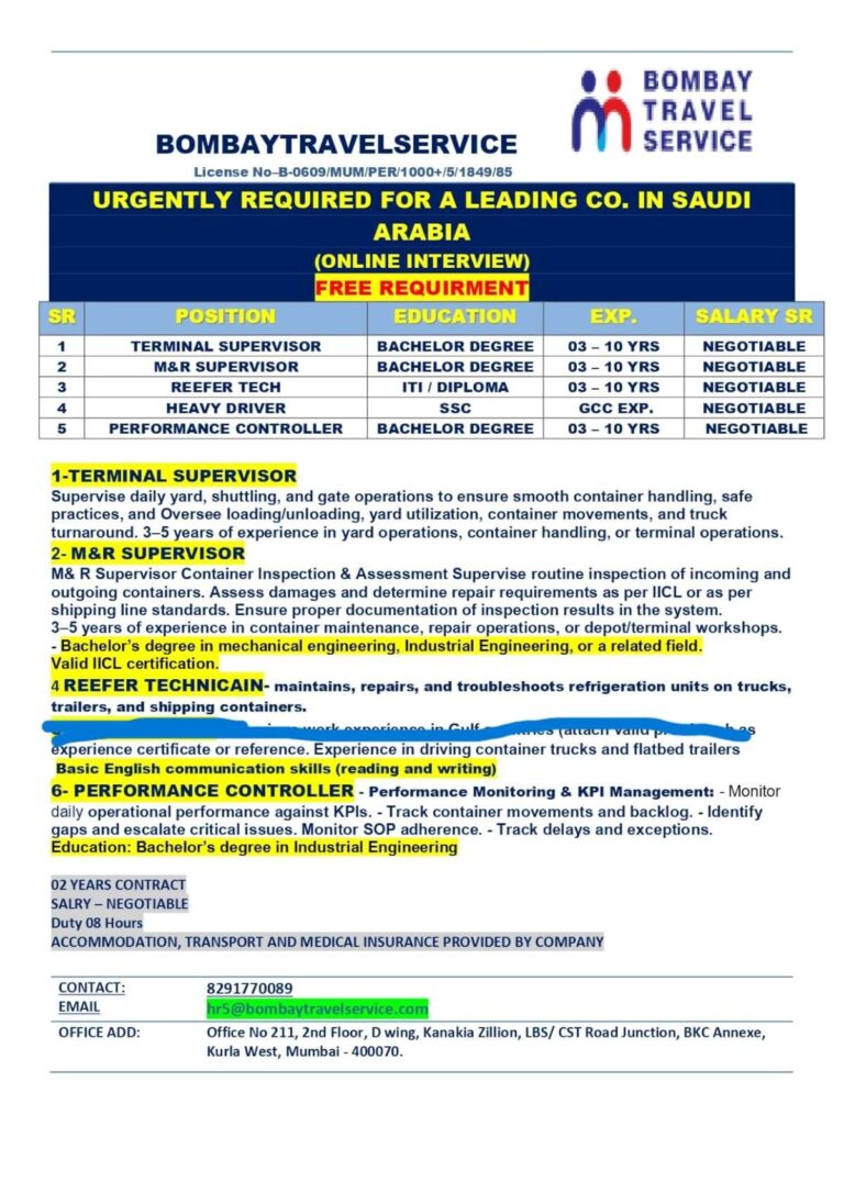 Terminal and Support Jobs in Gulf – Terminal Supervisor, M&R Supervisor, Reefer Tech, Heavy Driver, Performance Controller