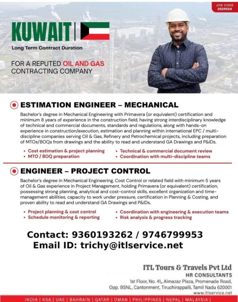 Estimation Engineer and Project Control Jobs in Kuwait – Oil and Gas Contracting Company