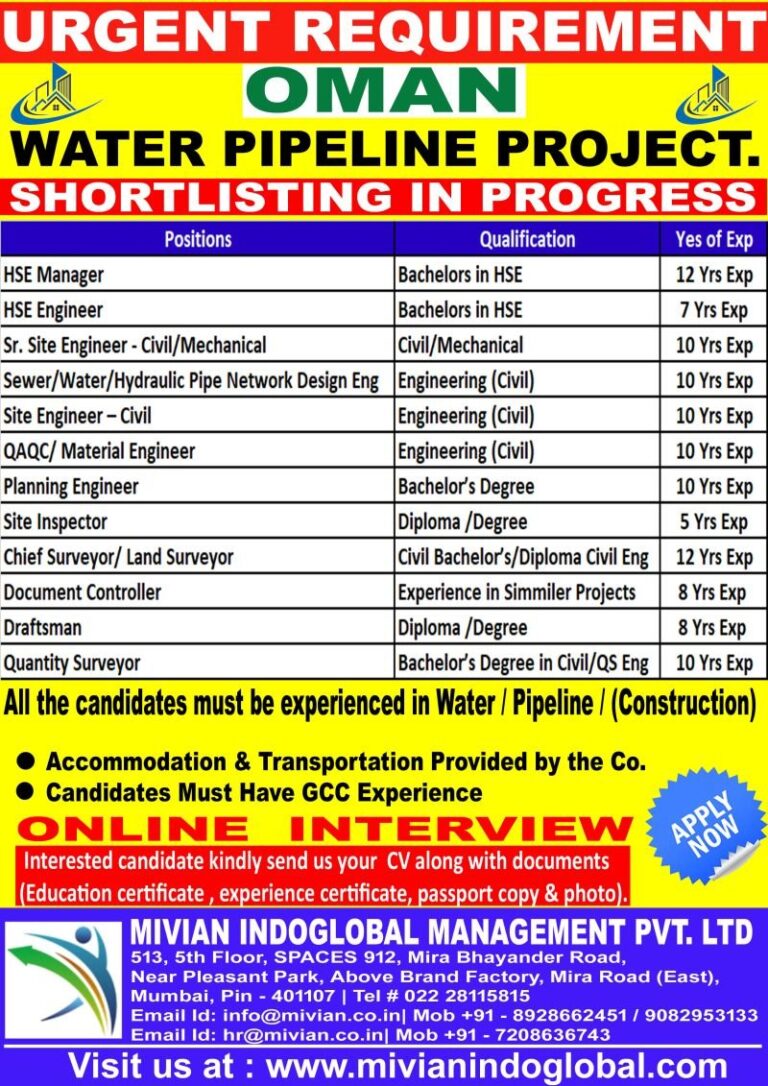Water Pipeline Project Jobs in Oman – HSE Manager, HSE Engineer, Sr. Site Engineer, and More
