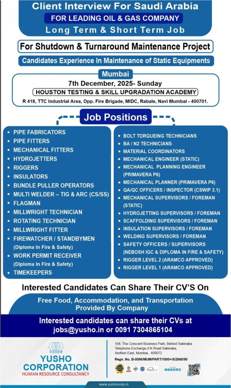 Oil and Gas Jobs in Saudi Arabia – Shutdown & Turnaround Maintenance Project
