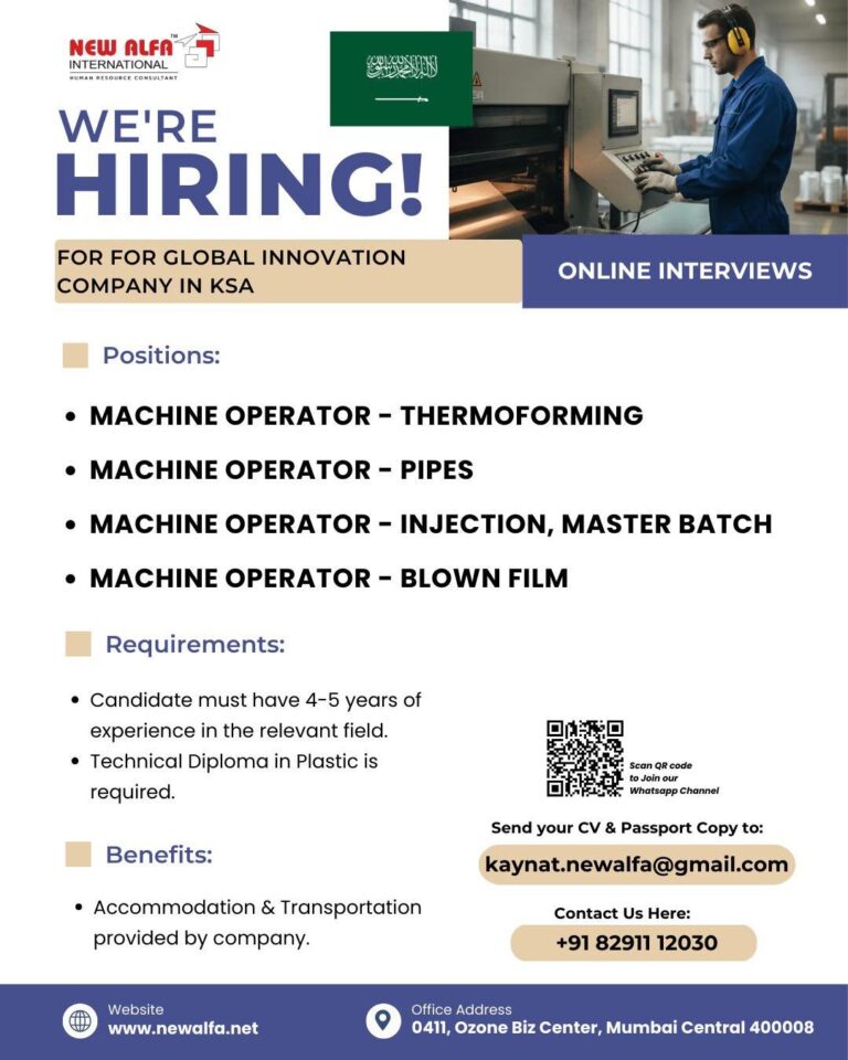 Machine Operator Jobs in Saudi Arabia – Thermoforming, Pipes, Injection, Blown Film