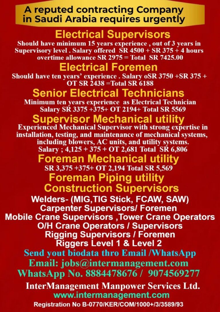Electrical and Mechanical Jobs in Saudi Arabia – Supervisors, Foremen, Technicians