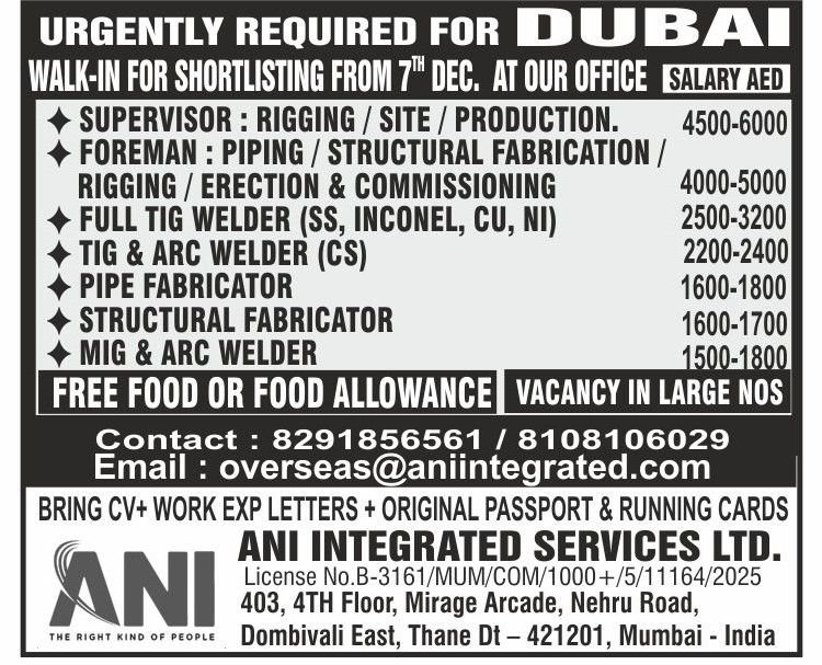 Supervisor Jobs in UAE – Rigger, Welder, Fabricator