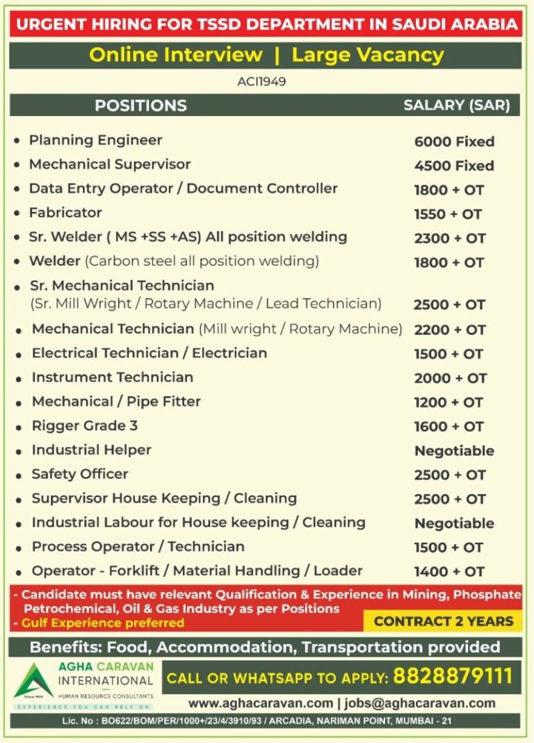 Engineering and Technical Jobs in Saudi Arabia – Planning Engineer, Mechanical Supervisor, Data Entry Operator