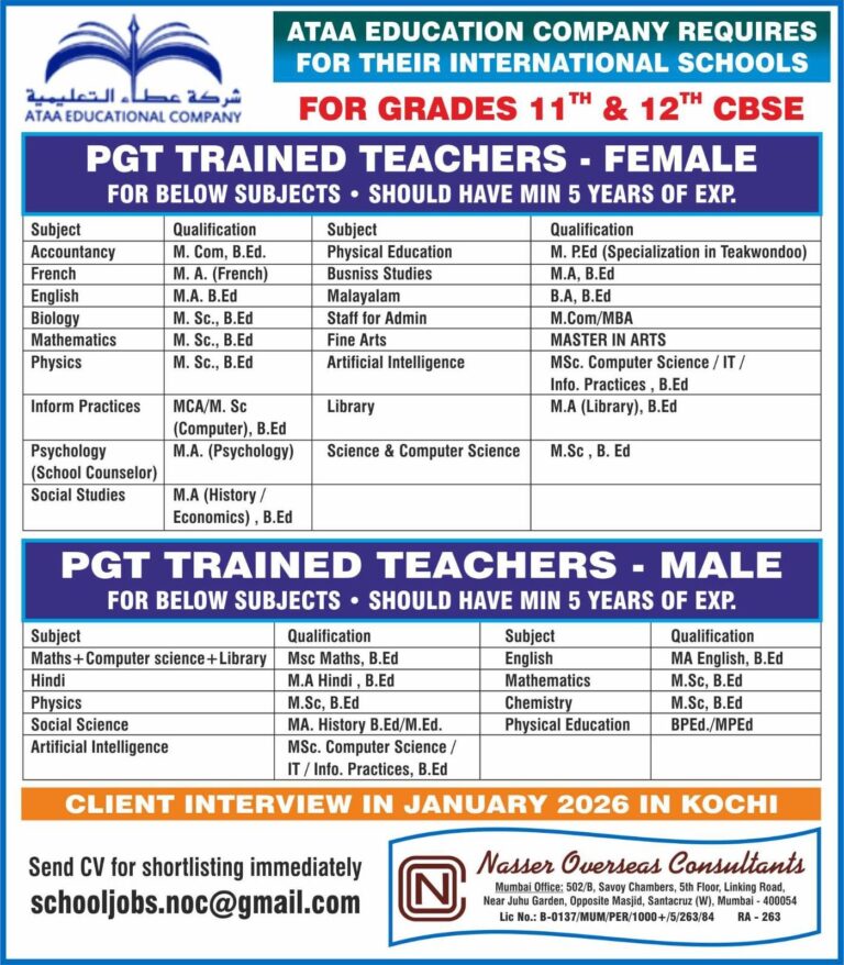 PGT Trained Teacher Jobs in Gulf – Various Positions