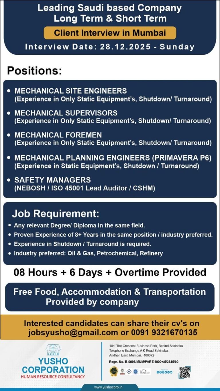 Mechanical Jobs in Saudi Arabia – Mechanical Site Engineers, Supervisors, Foremen, Planning Engineers, Safety Managers
