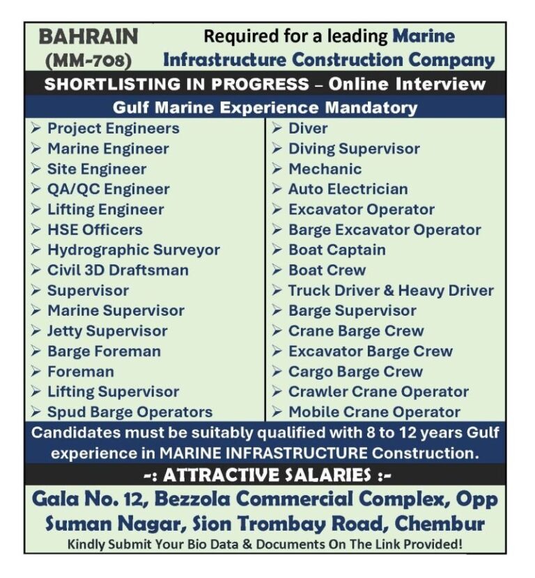 Marine Infrastructure Jobs in Bahrain – Project Engineers, Diver, Marine Engineer