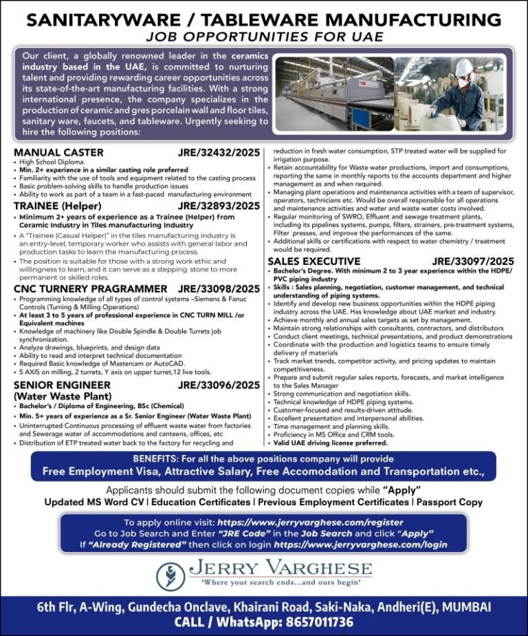Sanitaryware / Tableware Manufacturing Jobs in UAE – Multiple Positions