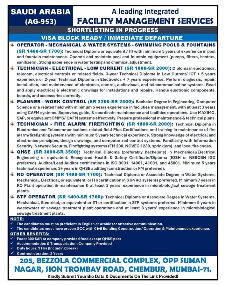 Facility Management Jobs in Saudi Arabia – Various Positions