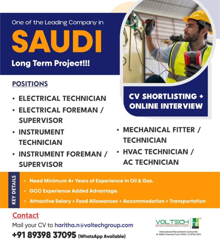 Electrical and Mechanical Jobs in Saudi – Technician and Supervisor Positions