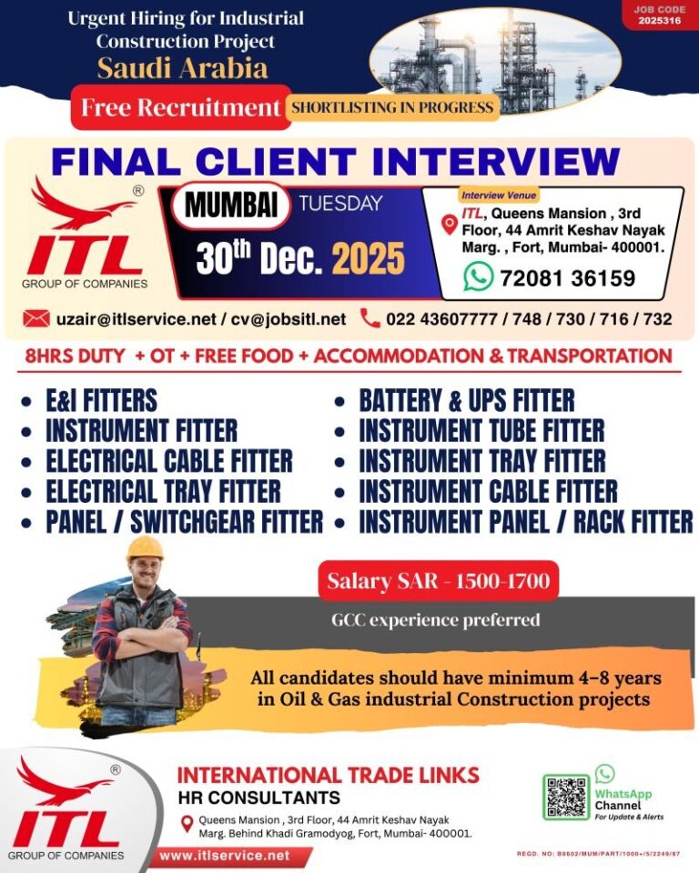Electrical Fitter Jobs in Saudi Arabia – E&l Fitters, Instrument Fitter, Electrical Cable Fitter
