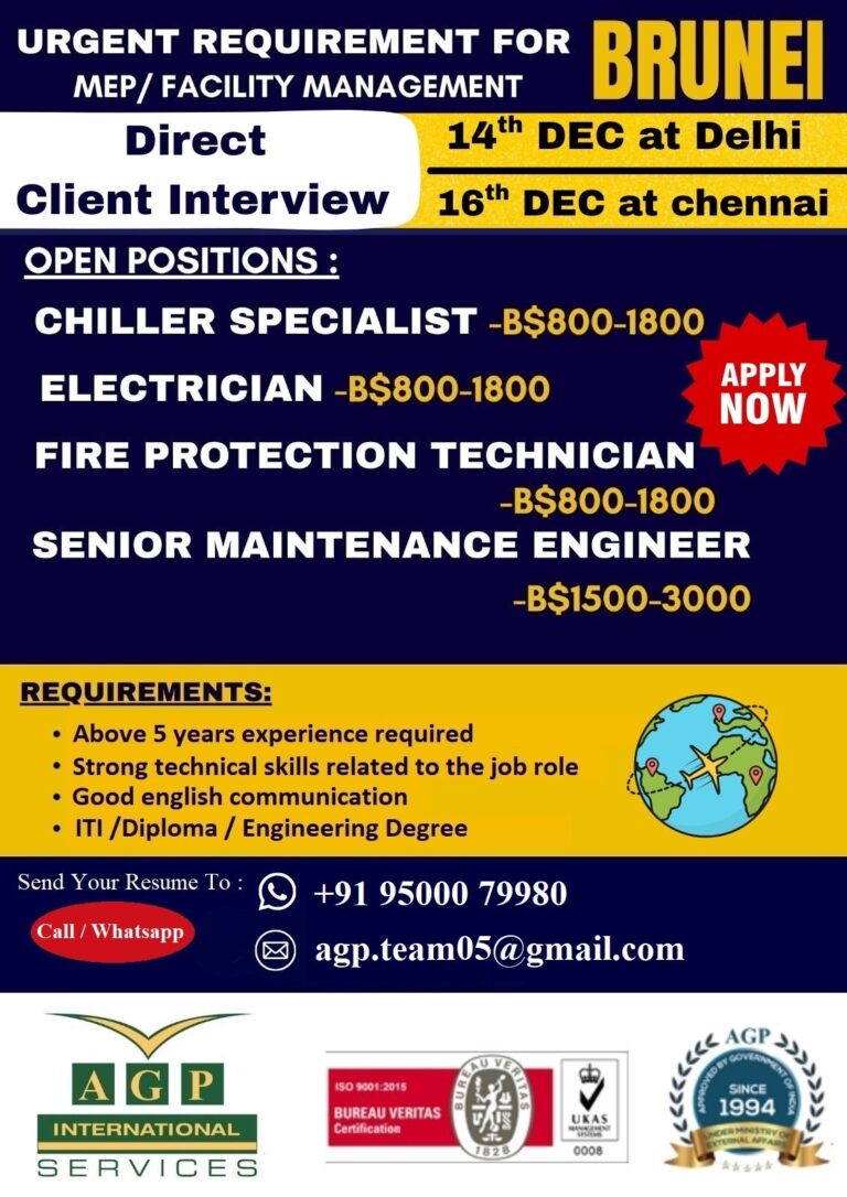 MEP/Facility Management Jobs in Gulf – Chiller Specialist, Electrician, Fire Protection Technician, Senior Maintenance Engineer