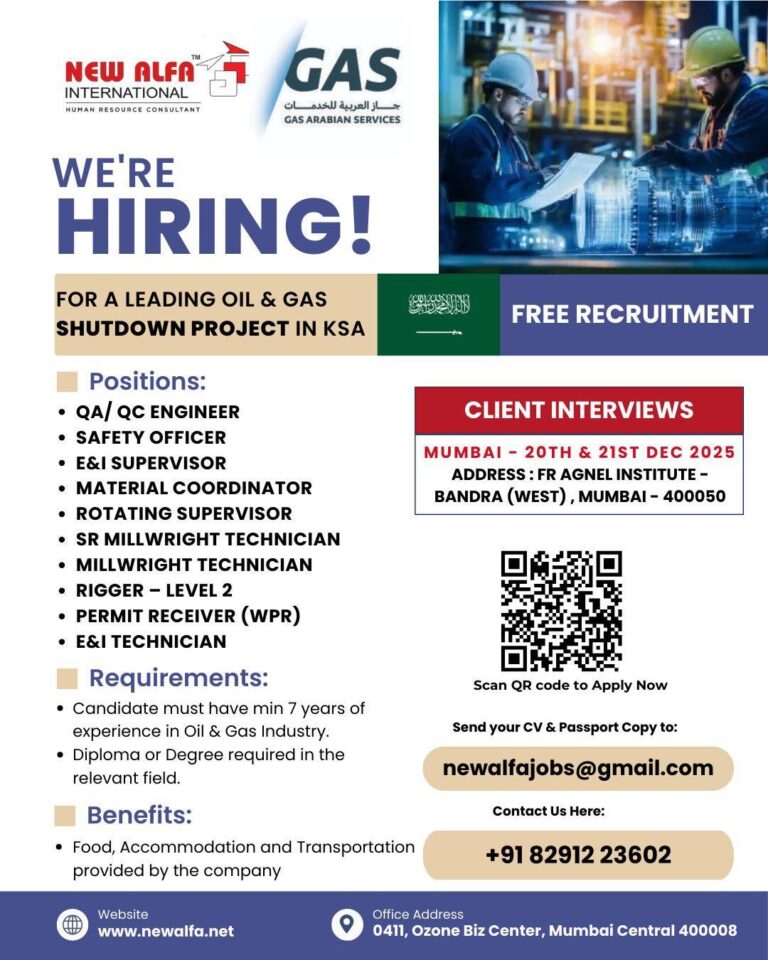 Oil and Gas Jobs in KSA – QaA/Qc Engineer, Safety Officer, E&I Supervisor