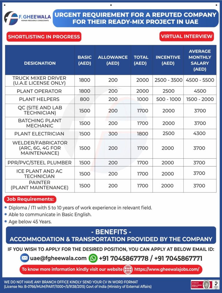 Truck Mixer Driver and Other Jobs in UAE – Various Positions