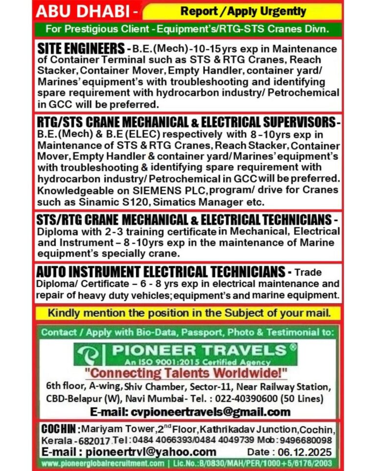 Equipment Maintenance Jobs in Gulf – SITE ENGINEERS, SUPERVISORS, TECHNICIANS