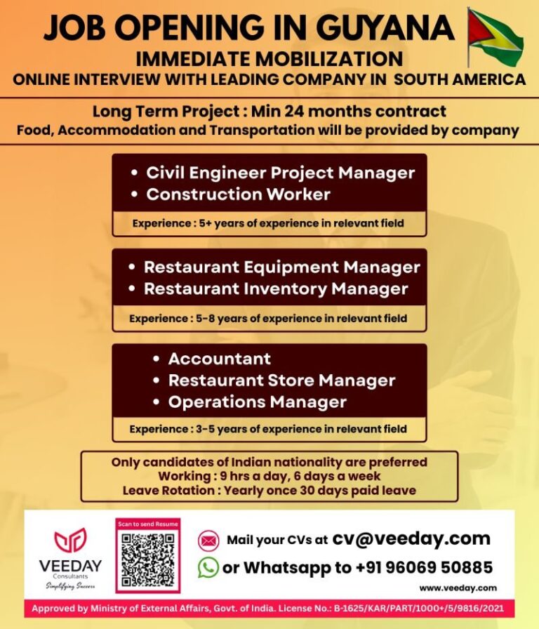 Civil Engineer and Restaurant Jobs in Guyana – Project Manager, Construction Worker, Restaurant Equipment Manager
